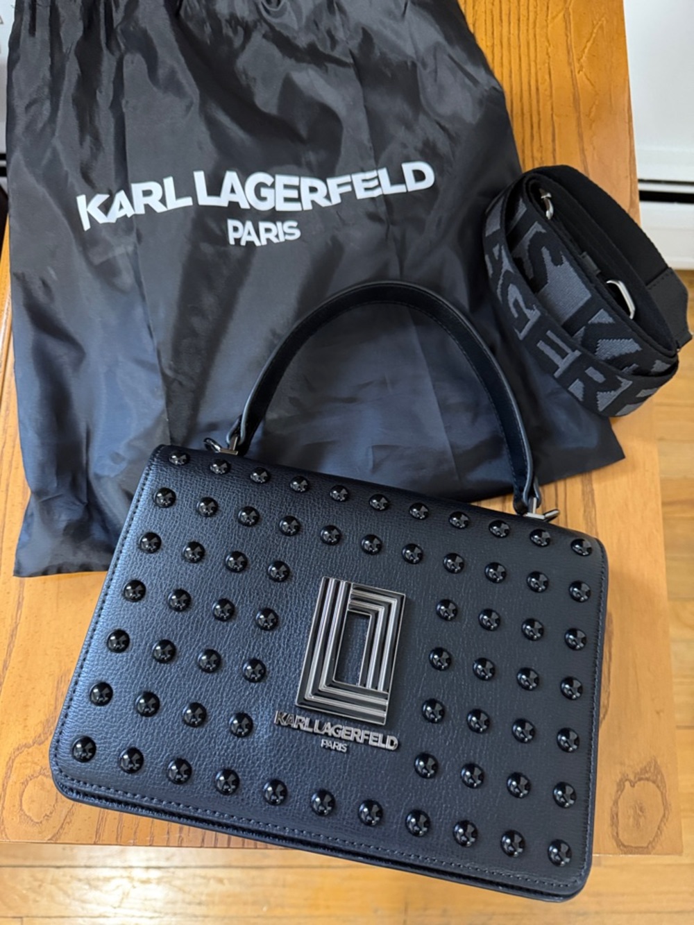 Karl Lagerfeld Black Studded Top-Handle Satchel with Logo Plaque